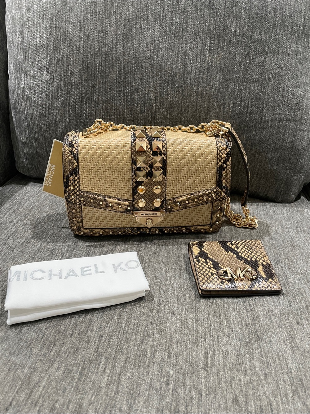 Michael Kors Large Soho Chain Shoulder Bag Rattan Straw/Snake, Wallet Set NWT - Picture 5 of 15
